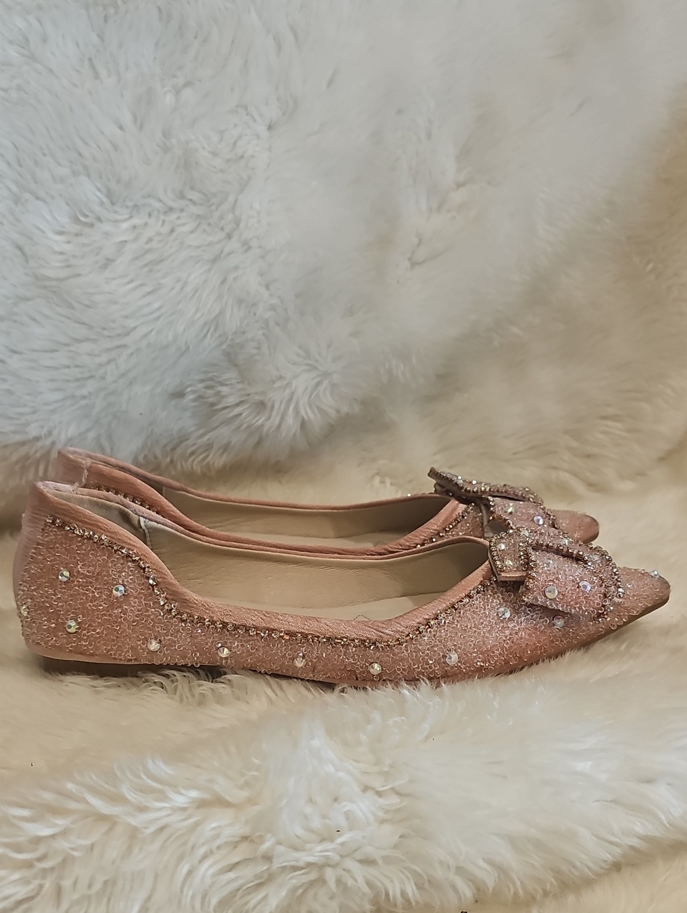 Pink Rhinestone Bow Pointed Toe Ballet Flats Size 6.5